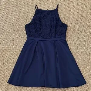 knee length dresses for ladies Francesca Blue Lace Trim Pleated Midi Dress, M / Blue